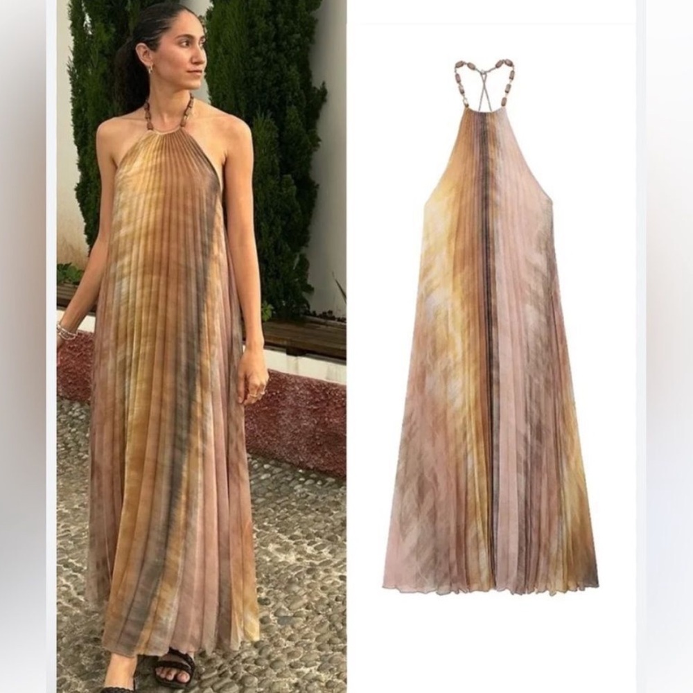 Zara NWT beaded pleated halter dress tie dye 3666/096